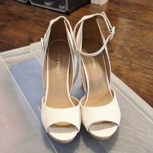 Sun + Stone White Peep-Toe Heels with Ankle Strap